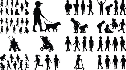 Large mega set of black silhouettes featuring active children playing walking dogs and riding scooters © IconicCreations