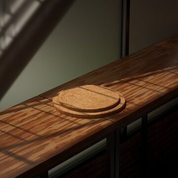 Minimalist round wood podium with warm window frame shadow overlay 3D render cgi