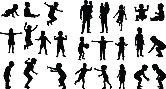Large collection of happy children silhouettes featuring toddlers crawling playing jumping parents holding babies and kids playing with ball isolated on white background