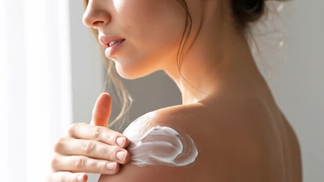 Caucasian woman applying restoring white cream to sunburned shoulder. Skincare and skin recovery treatment with copy space
