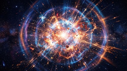 Obraz premium Supernova explosion in deep space. Cosmic burst of energy with blue and orange light rings. Big bang and creation of the universe concept