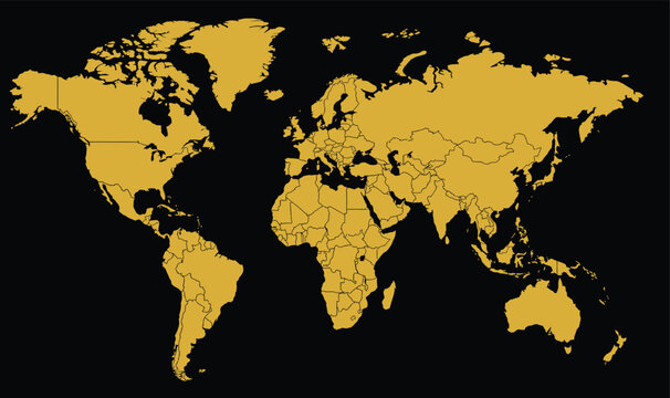 Gold World Map Vector with Country Borders on Black Background &ndash; Luxury Global Business and Corporate Design