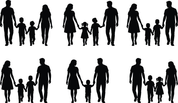 Silhouette set of happy families holding hands and individual people walking on white background
