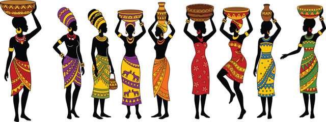 Fototapeta premium African women silhouettes carrying traditional baskets and water clay pots on their heads
