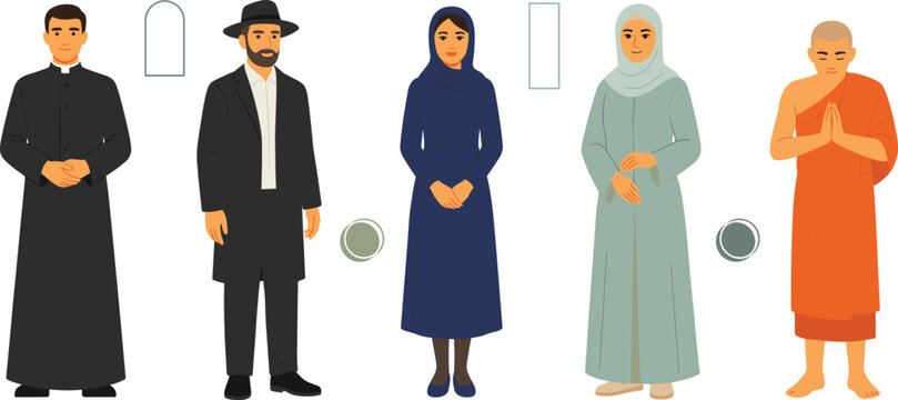Religious Leaders and Clergy Character Vector Set with Catholic Priest Jewish Rabbi Muslim Women and Buddhist Monk Isolated on White Background