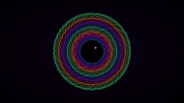 Colorful spiral patterns form circles in a dark background
