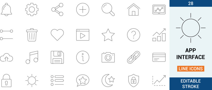 App interface vector line icon set. Featuring essential web navigation, mobile menu controller and user dashboard buttons.