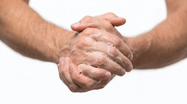 Close up of a person washing hands with soapy water isolated on white background