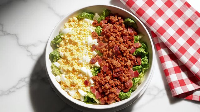 Fresh salad bowl with egg and bacon on marble table