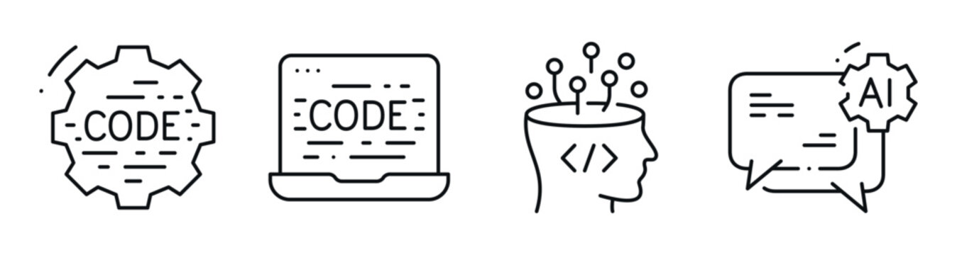 Code and ai icons representing programming and machine learning panel. Editable stroke