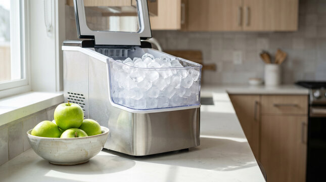 Modern home ice maker full of clear cubes sits on a kitchen counter next to a bowl of green apples. Fresh cool ice ready for drinks. Commercial stock photo of appliances.