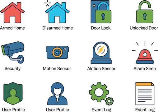 A collection of security icons depicting various home safety features and settings.