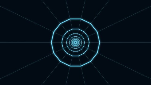 Neon blue wireframe grid tunnel in digital space