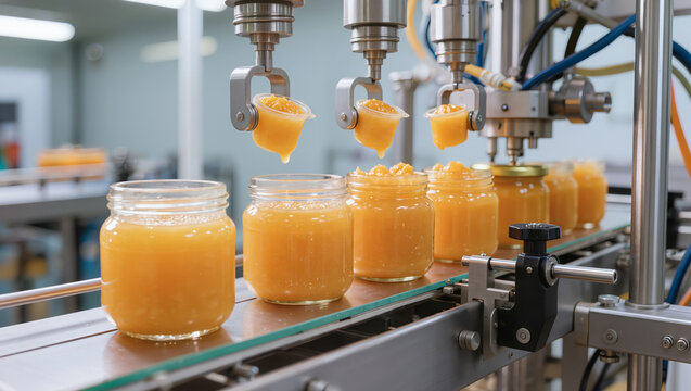 Automated industrial production line filling glass jars with fruit puree, representing baby food manufacturing, packaging process, and automated technology in food industry