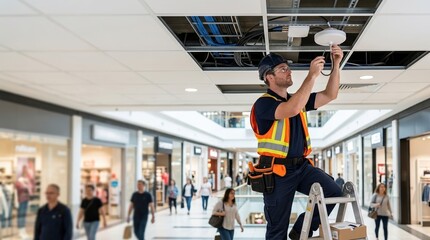 Fototapeta premium Technician installing wifi access point in shopping mall ceiling. Maintenance worker on ladder in high visibility vest. Professional electrician repairing network infrastructure. Copy space