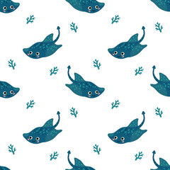 Fototapeta premium Smiling stingray seamless pattern with coral accents on soft background, perfect for nursery decor, kids textiles