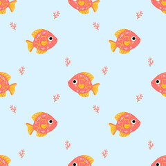 Naklejka premium Colorful tropical fish seamless pattern with delicate coral details on blue background, perfect for nursery decor, kids fabric