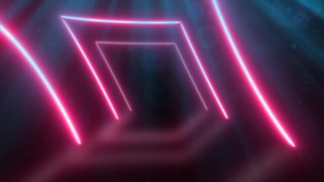 Magenta neon geometric portal with glowing triangular frames, bokeh circles, and vibrant futuristic light effects on a dark background.