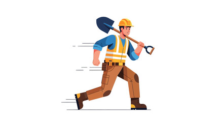 Running construction worker carrying a shovel flat vector illustration with a dark silhouette laborer builder tradesman shovel tool digging earthmoving © Creativekhairul02