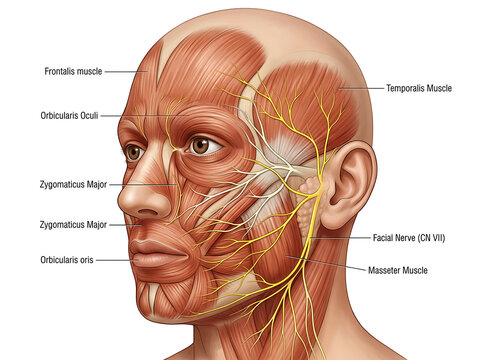 Human facial anatomy muscles and nerves detailed illustration face head