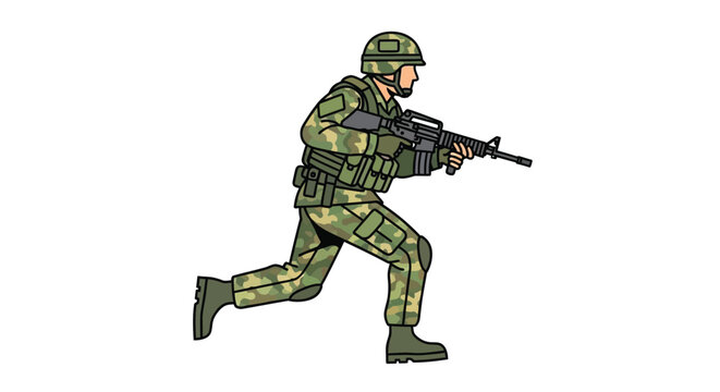 Soldier in camouflage uniform carrying a rifle a flat vector illustration silhouette military army combatant trooper serviceman rifle firearm weapon