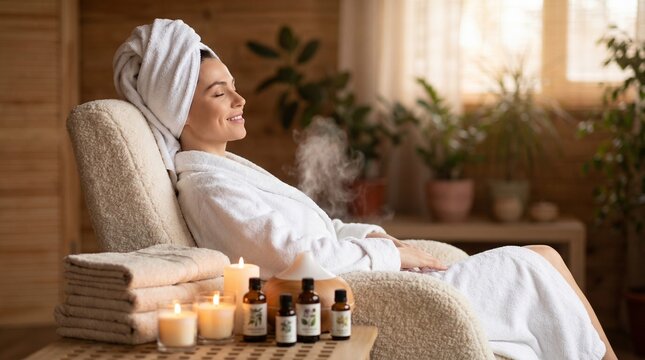 Woman relaxing in a spa chair with steam and aromatherapy diffuser