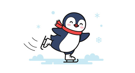 Cartoon penguin skating with a red scarf depicted as a flat vector silhouette bird animal avian wildlife antarctic arctic winter © Creativekhairul02