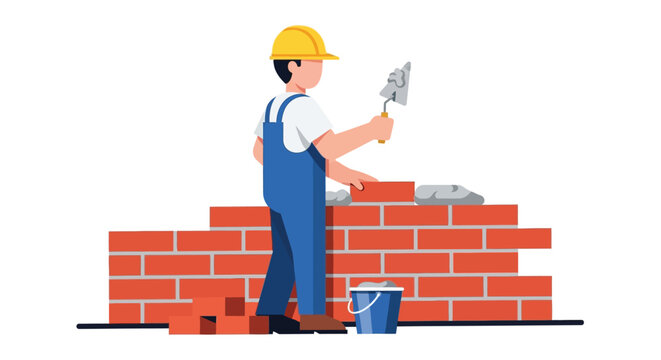 Construction worker applying mortar to brick wall flat vector illustration silhouette builder mason craftsman tradesman laborer workman bricklayer building architecture