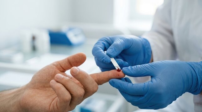 Healthcare professional performing a finger prick blood test. Close up of doctor taking glucose sample from patient. Diabetes monitoring and medical diagnostic procedure