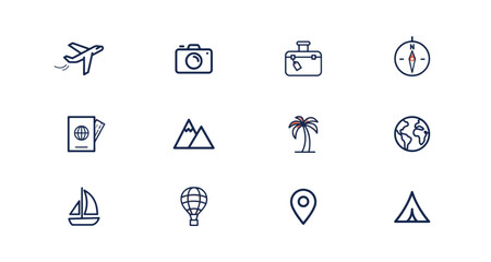 Fototapeta premium Set of twelve minimalist travel and vacation icons Vector