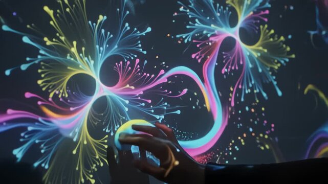 Girl plays with interactive video installation, New art form, generative graphics. Silhouette of girl draws multi-colored paints interactive installation. Woman does concept art with augmented reality