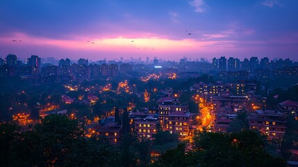 Fototapeta premium Twilight cityscape panorama with city lights illuminating residential buildings and streets.