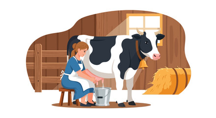 Woman milking a black and white cow in a barn flat vector illustration silhouette cattle dairy farm farmland female person farmer agriculture © Creativekhairul02