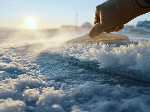 Hand in Glove Scraping Frosty Ice Surface