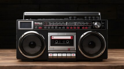 Naklejka premium Classic black ghetto blaster with a chromium finish and an audio cassette inside, representing vintage technology, hip hop culture, and a throwback to the 80s music era