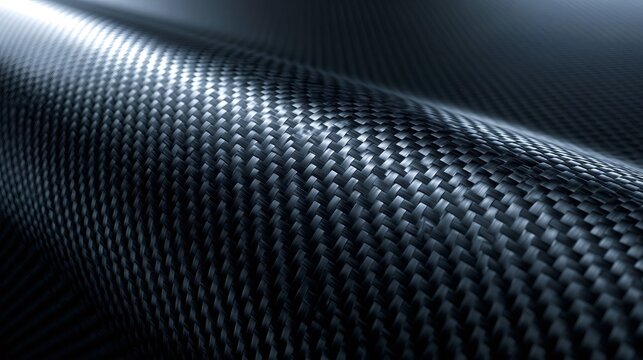 Carbon fiber weave texture curving smoothly, highlighting the intricate pattern, advanced technology material, and characteristics of strength, durability, and a lightweight composite