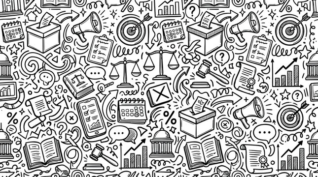 Political election voting and government process hand drawn doodles set with political election government democracy campaign handdrawn politics megaphone paperwork constitution