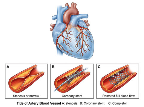 Human heart anatomy with coronary artery stenosis stent placement and restored flow