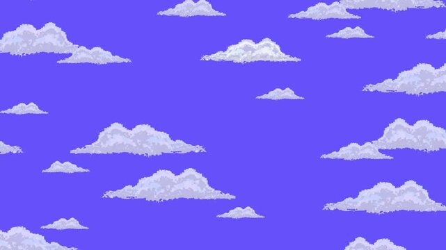 Pixel art animation of rising clouds with a blue background, art, vintage, pixel.