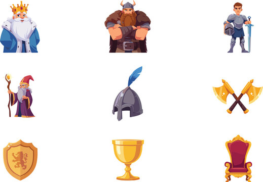 Medieval Fantasy RPG Character Vector Set Featuring King Wizard Knight and Viking with Throne Shield Axe and Chalice Icons for Game Design