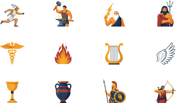 Ancient Greek Mythology Gods Character Vector Set Featuring Zeus Poseidon Hermes Hephaestus Artemis and Ares with Symbolic Artifact Icons for Creative Historical Designs