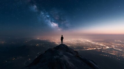 Fototapeta premium Man standing as a silhouette on a mountain peak admiring the milky way and a glowing city illuminating the vast landscape below. Symbolizing exploration and human connection with nature and the cosmos