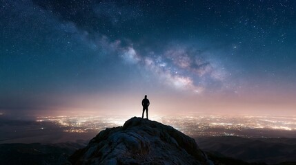 Fototapeta premium Man standing silhouetted on a mountain peak observing the vibrant milky way galaxy and distant city lights, representing concepts of solitude, exploration, and the vastness of the universe