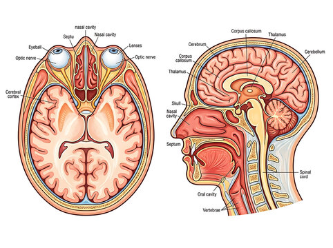 Human head cross section showing brain eyes nasal and oral cavities anatomy