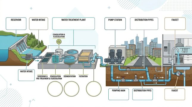Water treatment and distribution process infographic. Diagram of urban water supply system from reservoir to faucet. Industrial purification cycle illustration with copy space