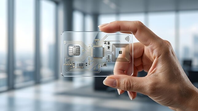 Futuristic transparent bank card with electronic circuits held by hand.