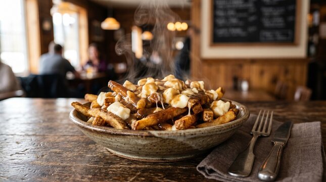 Steaming hot poutine with cheese curds and gravy served in a rustic bowl on a wooden table