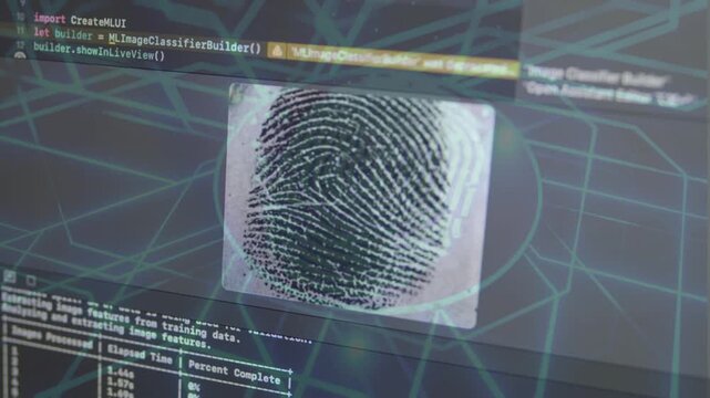 Biometric fingerprint scan analyzed by machine learning algorithm code on a digital screen, representing cyber security and identity verification.