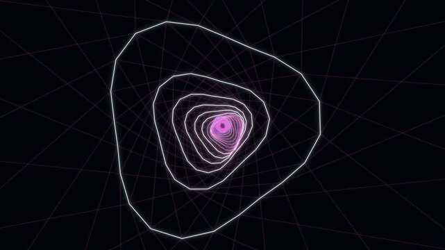 Abstract neon wireframe tunnel with geometric shapes and pink glow