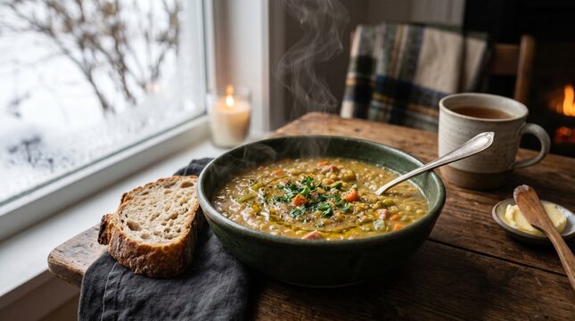 Warm bowl of split pea soup with bread and tea on a cozy winter day